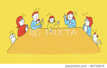 一個家庭在餐桌上討論家庭會議的插圖 90738874