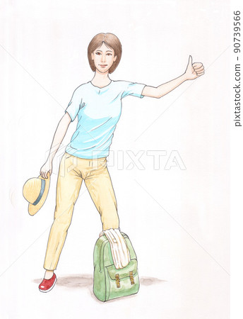 A woman trying to stop the car by hitchhiking A woman trying to stop the car by hitchhiking 90739566