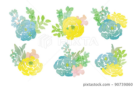 水彩。一束帶有水彩色彩的植物和花朵。用水彩畫的玫瑰和植物。 水彩。一束帶有水彩色彩的植物和花朵。用水彩畫的玫瑰和植物。 90739860