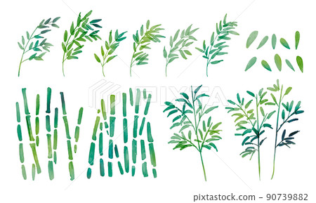 水彩。竹葉插圖與水彩觸感。七夕的插圖。竹葉框架套裝。 90739882