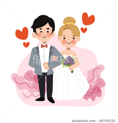 Cute wedding couple vector cartoon character illustration. Cute wedding couple vector cartoon character illustration. 90740350