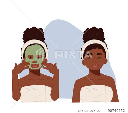 African American woman with mud clay mask sheet and result clear face.skin care concept.vector flat illustration. 90740352