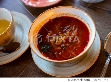 Tomato soup with pork, traditional russian cuisine Tomato soup with pork, traditional russian cuisine 90741955
