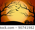 Halloween background vector with dark castle, moon and bat silhouette style of sunset orange light, paper art with shadow modern concept 90741982