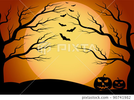 Halloween background vector with dark castle, moon and bat silhouette style of sunset orange light, paper art with shadow modern concept Halloween background vector with dark castle, moon and bat silhouette style of sunset orange light, paper art with shadow modern concept 90741982