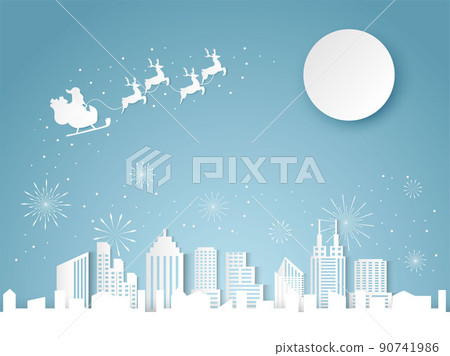 Christmas and happy new year blue vector background with Santa claus and reindeer, cityscape and fireworks celebration concept, paper art design Christmas and happy new year blue vector background with Santa claus and reindeer, cityscape and fireworks celebration concept, paper art design 90741986