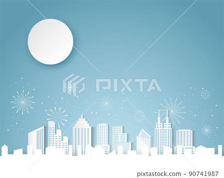 Christmas and happy new year blue vector background with cityscape and fireworks celebration concept, paper art design 90741987