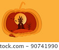 Halloween background vector with dark pumpkin, moon and bat silhouette style of sunset orange light 90741990
