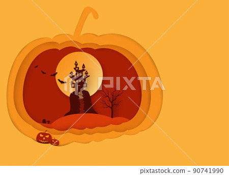 Halloween background vector with dark pumpkin, moon and bat silhouette style of sunset orange light Halloween background vector with dark pumpkin, moon and bat silhouette style of sunset orange light 90741990