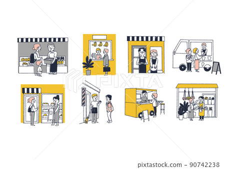 A set of shops that communicate with local residents Comical handwritten figures Vectors, line drawings and colors 90742238