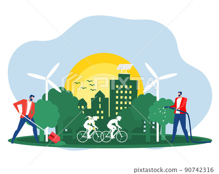 people using clean energy or ESG nature protection, nature saving conceptconcept of environmental ,plant trees to produce air making the world's environment better. 90742316