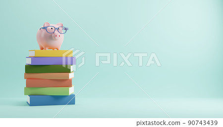 Education concept design of piggy bank wearing glasses on colorful stack of books 3D render 90743439