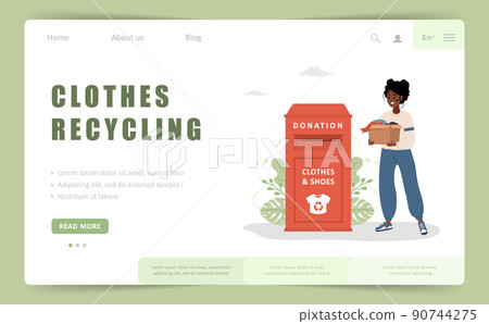 Clothes recycling landing page template. African woman with cardboard box gives things for donation. Clothing bin or recycle container. Volunteering concept. Vector illustration in cartoon style Clothes recycling landing page template. African woman with cardboard box gives things for donation. Clothing bin or recycle container. Volunteering concept. Vector illustration in cartoon style 90744275