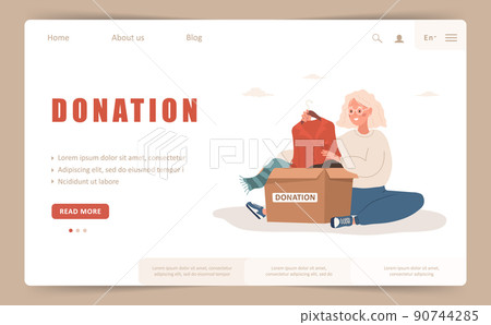 Donation landing page template. Elderly woman putting old used clothes ready to be shared or recycled to cardboard box. Volunteering and social care concept. Vector illustration in flat cartoon style Donation landing page template. Elderly woman putting old used clothes ready to be shared or recycled to cardboard box. Volunteering and social care concept. Vector illustration in flat cartoon style 90744285