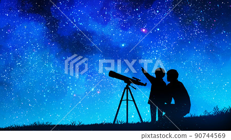Illustration of a parent and child doing astronomical observation Milky Way starry sky background decoration 90744569