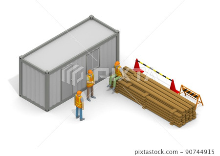 在建築工地工作的人。工人們在施工現場休息。男人聊天。休息區和建築材料。 90744915