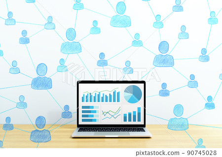 訪問分析的圖像。筆記本電腦屏幕上的圖形和圖表。人際網絡。 訪問分析的圖像。筆記本電腦屏幕上的圖形和圖表。人際網絡。 90745028