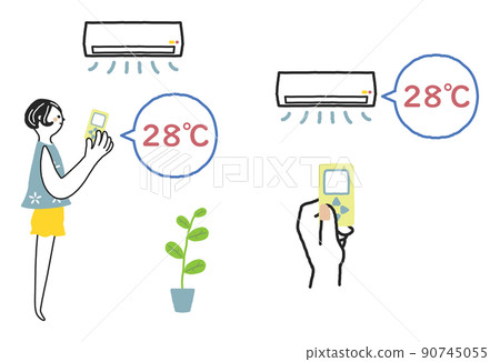 將空調溫度設置為 28°C 的女人和手設置插圖素材 將空調溫度設置為 28°C 的女人和手設置插圖素材 90745055