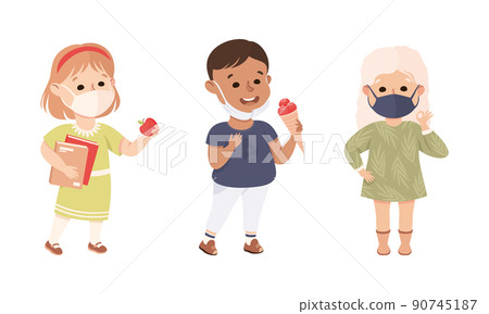 Happy Boy and Girl Wearing Face Mask as New Normal Lifestyle Vector Illustration Set Happy Boy and Girl Wearing Face Mask as New Normal Lifestyle Vector Illustration Set 90745187