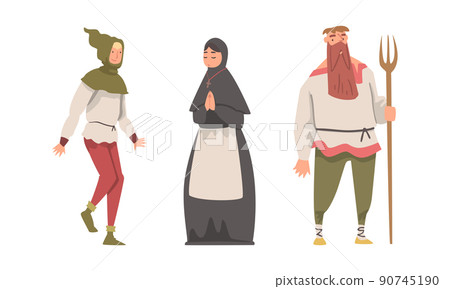 Medieval Woman Nun or Vestal Praying and Bearded Man Peasant with Fork Vector Illustration Set Medieval Woman Nun or Vestal Praying and Bearded Man Peasant with Fork Vector Illustration Set 90745190