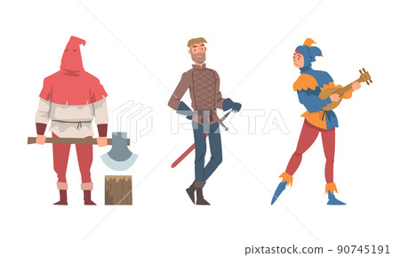 Medieval Executor or Headman with Sharp Axe and Jester Playing Lute Vector Illustration Set Medieval Executor or Headman with Sharp Axe and Jester Playing Lute Vector Illustration Set 90745191