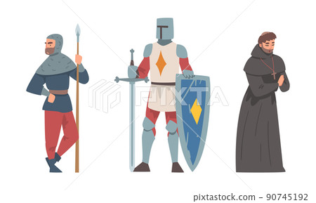 Knight from Middle Ages in Iron Armour Suit and Priest or Monk in Gown Vector Illustration Set 90745192