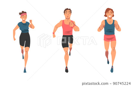 Cheerful People Character Running Marathon or Long-distance Foot Race Vector Set 90745224