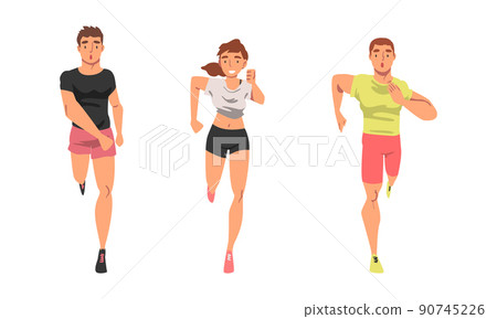 Cheerful People Character Running Marathon or Long-distance Foot Race Vector Set 90745226