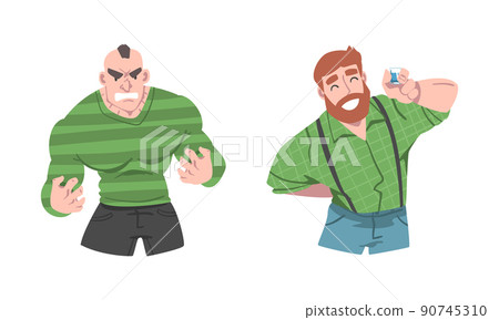 Man Different Emotion Feeling Angry Clenching Fists and Happy Smiling Vector Set 90745310