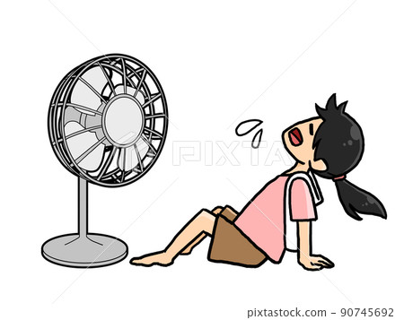 一個女孩在風扇前懶惰的插圖 一個女孩在風扇前懶惰的插圖 90745692