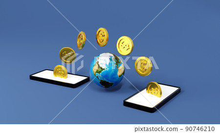 Mobile banking concept, coin moving from smartphone to other phone, 3D rendering. Element by NASA. 90746210