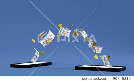 Mobile banking, coin and dollar banknote moving from smartphone to other cellphone, 3D rendering. Mobile banking, coin and dollar banknote moving from smartphone to other cellphone, 3D rendering. 90746213