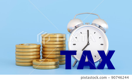 Tax time alarm clock with stack coin, tax concept, 3D rendering. Tax time alarm clock with stack coin, tax concept, 3D rendering. 90746244