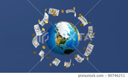Gold coin and banknote around the globe earth, world business, element by NASA, 3D rendering. Gold coin and banknote around the globe earth, world business, element by NASA, 3D rendering. 90746251
