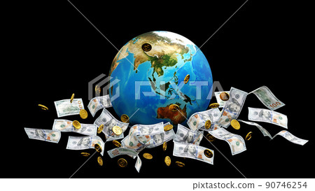 Gold coin and banknote around the globe or earth, world business, element by NASA, 3D rendering. Gold coin and banknote around the globe or earth, world business, element by NASA, 3D rendering. 90746254