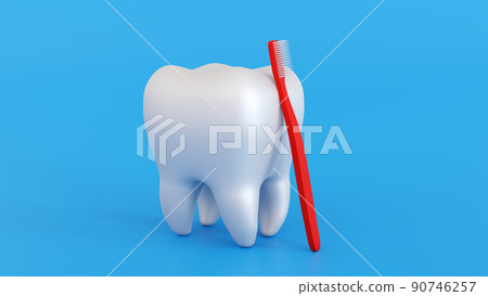 Tooth icon with toothbrush, dental care concept, 3D rendering. 90746257
