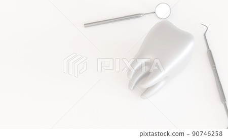 Tooth icon with medical dentist tool or inspection mirror for teeth, dental care, 3D rendering. Tooth icon with medical dentist tool or inspection mirror for teeth, dental care, 3D rendering. 90746258