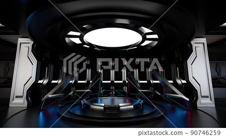 Podium in spaceship or space station, Sci Fi tunnel, stage for product presentation, 3D rendering. Podium in spaceship or space station, Sci Fi tunnel, stage for product presentation, 3D rendering. 90746259