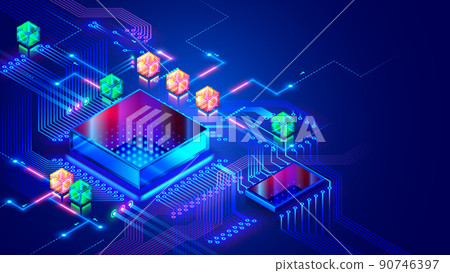 Abstraction concept of Quantum CPU. Electronic CHIP, components on print circuit board. Glass futuristic processor and hardware parts of computer on PCB. Electronic technology conceptual background. 90746397