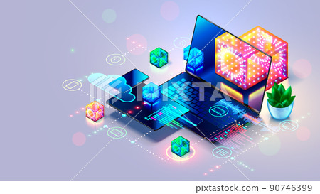 Computer technology concept. Computer network of laptop, phone, tablet on desk. Program in image futuristic glass blocks on screen laptop. Software, mobile web application development. Programming. Computer technology concept. Computer network of laptop, phone, tablet on desk. Program in image futuristic glass blocks on screen laptop. Software, mobile web application development. Programming. 90746399