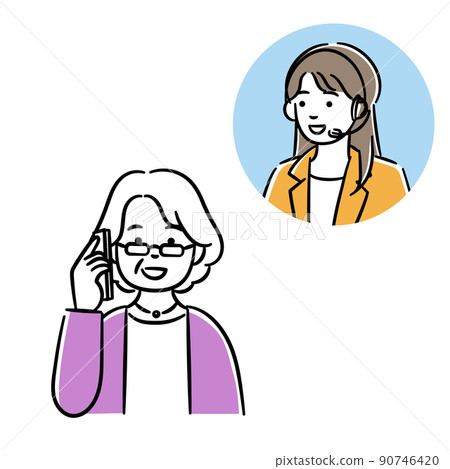 Simple illustration of a senior woman talking on the phone with an operator woman Simple illustration of a senior woman talking on the phone with an operator woman 90746420