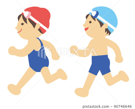 男孩和女孩穿著學校泳裝快樂地奔跑 男孩和女孩穿著學校泳裝快樂地奔跑 90746646