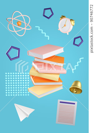 3d education concept poster for university and school. Stack of the books, alarm clock, bell, paper plane, atom and note flying on blue background. Realistic 3d high quality render 90746772