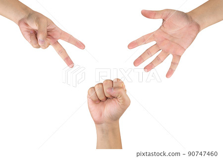 Rock Paper Scissors gambling hand game for all of ages and sex. This is Asian male hands post on white background. Rock Paper Scissors gambling hand game for all of ages and sex. This is Asian male hands post on white background. 90747460