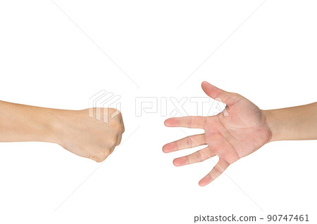 Rock Paper Scissors gambling hand game for all of ages and sex. This is Asian male hands post on white background. Rock Paper Scissors gambling hand game for all of ages and sex. This is Asian male hands post on white background. 90747461