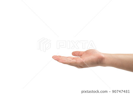 Asian man hand is handing up to receive somthing on white background. Clipping path 90747481