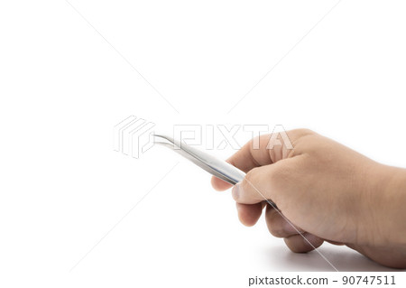 Tweezer is held by asian's man on white background in studio light. Clipping Path. 90747511