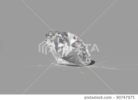 round diamond cut on shiny white background, back light, shiny, caustic rays 3D render 90747875