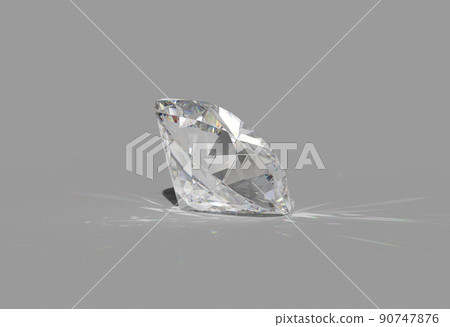 round diamond cut on shiny white background, back light, shiny, caustic rays 3D render 90747876