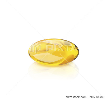 Golden oil capsule of vitamin A, E, Omega 3 or collagen. Vector realistic mockup of medical pill with fish fat or organic cosmetic oil. Clear yellow tablets isolated on transparent background. 3d rend 90748386